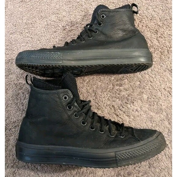 Converse Chuck Taylor All Star Waterproof High All Black Leather Shoes 162409C - Picture 2 of 8